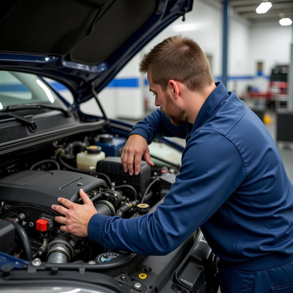 Mechanic inspecting a car engine during a major service