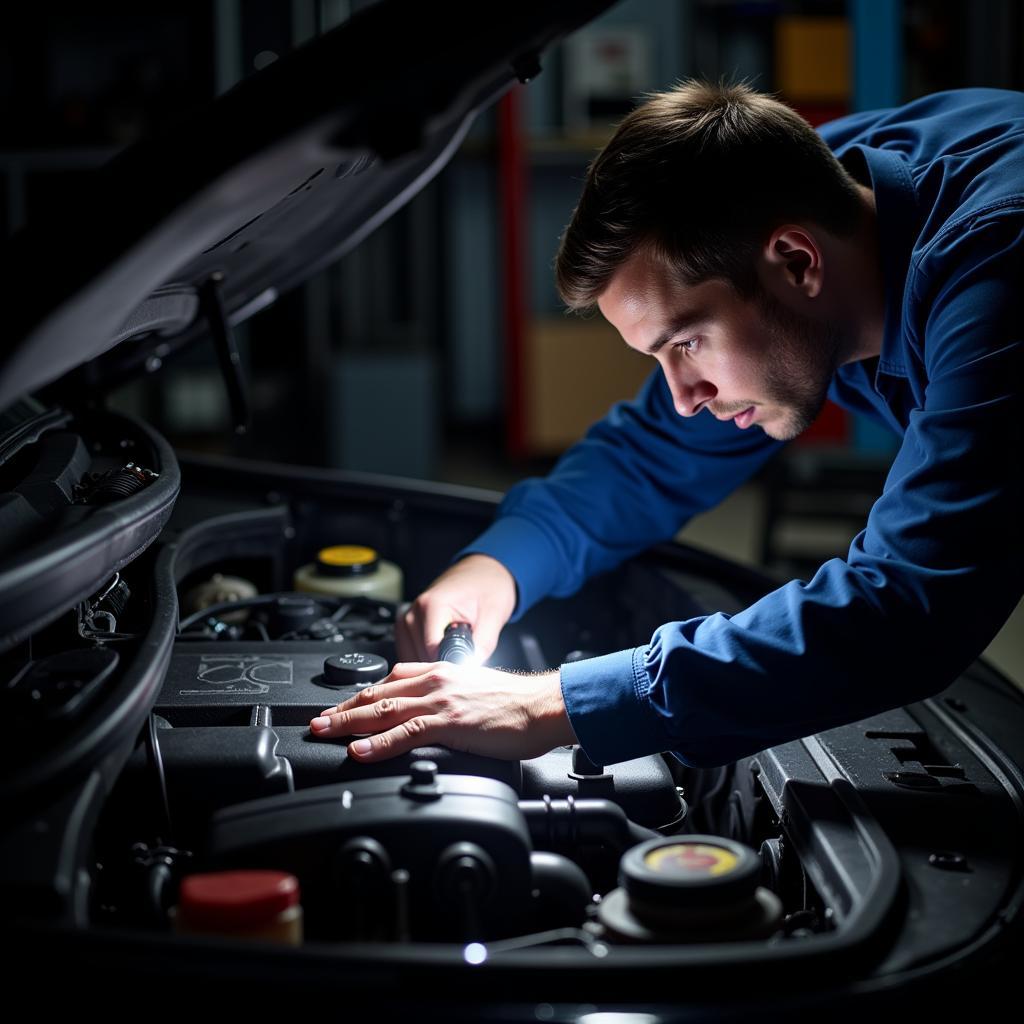 Mechanic inspecting a car engine during a service appointment