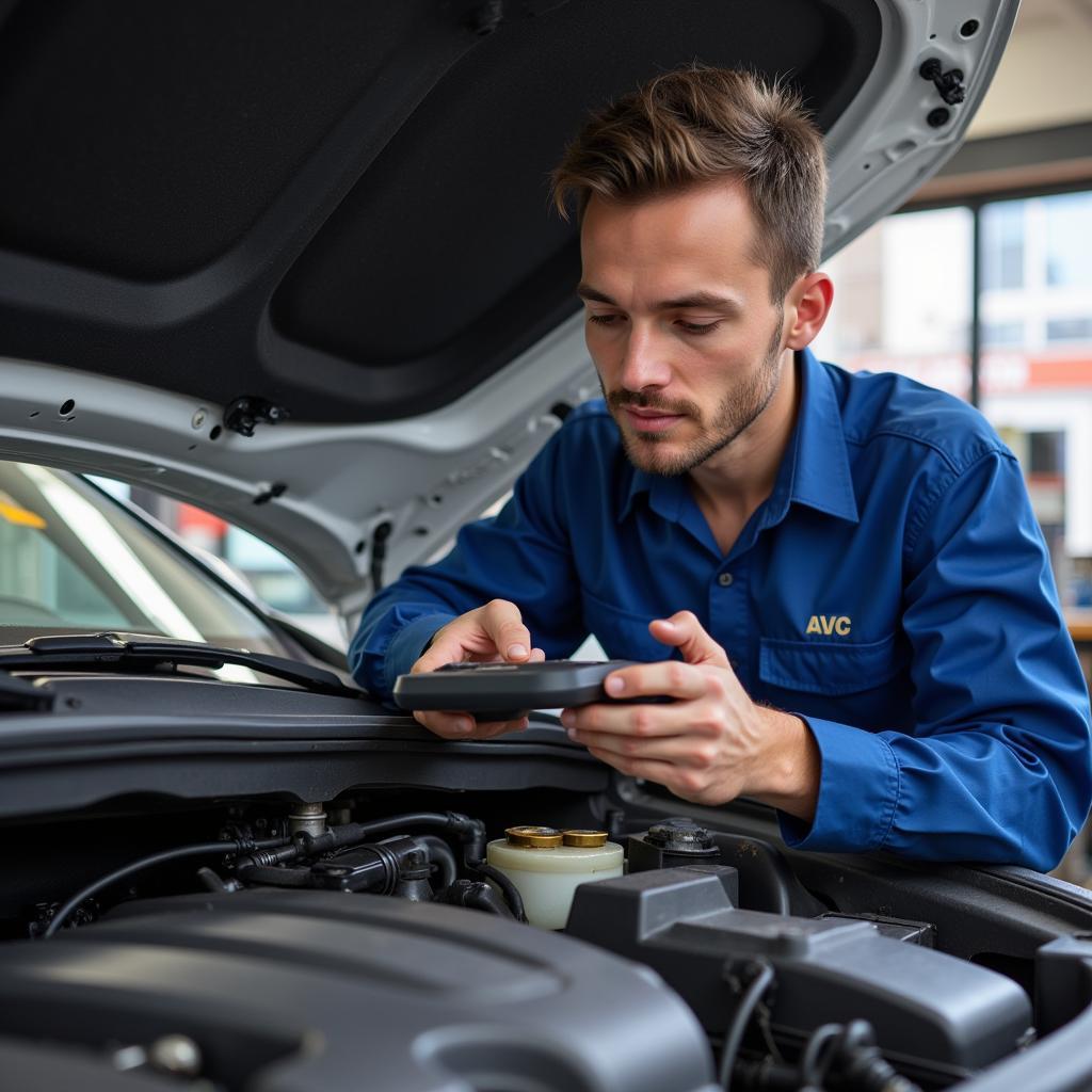 Mechanic inspecting a car engine for warranty service