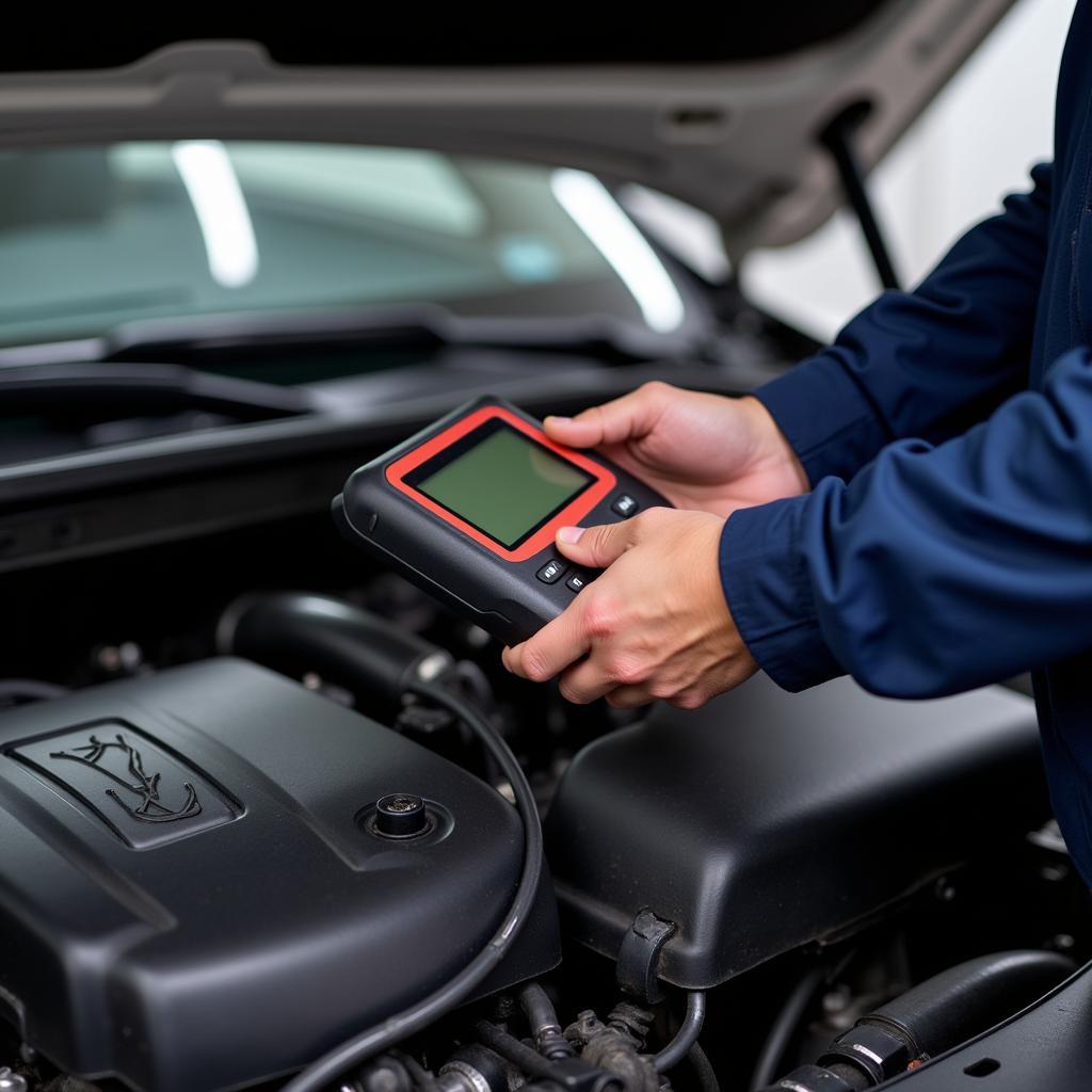 Mechanic Inspecting Car Engine in Auto Shop