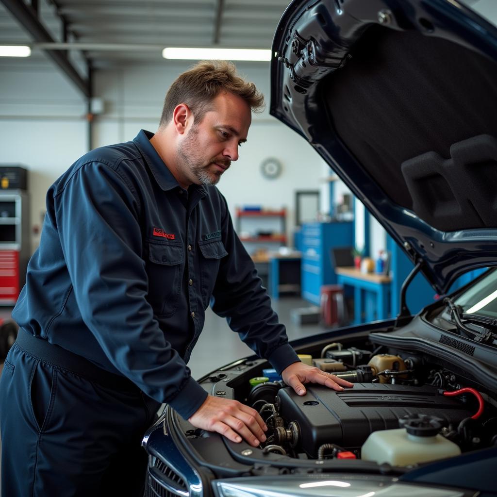 Mechanic Inspecting Car Engine in a Garage