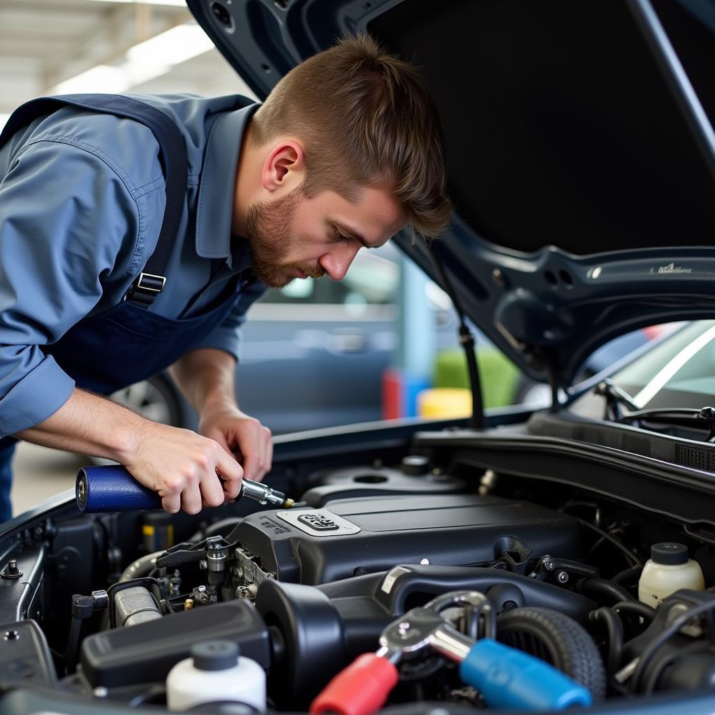 Experienced Mechanic Inspecting Car Engine