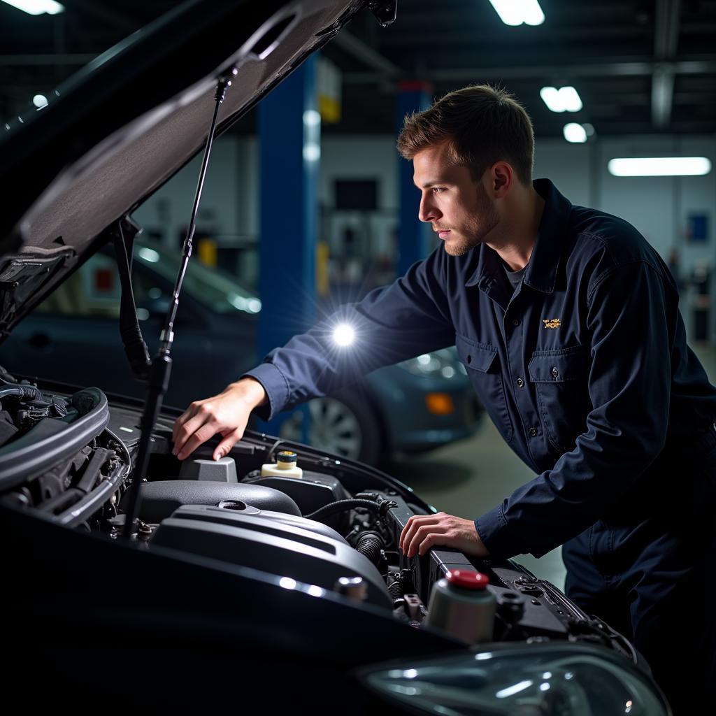 Mechanic inspecting car engine at night