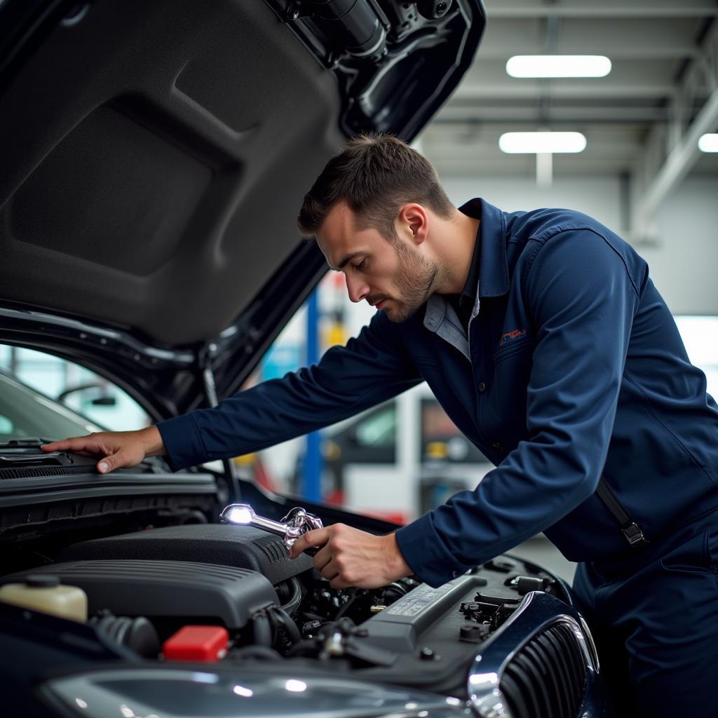 Mechanic inspecting a car engine during a service