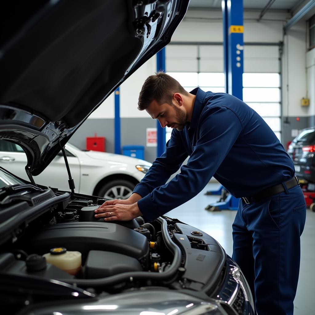  Mechanic inspecting car engine during service 