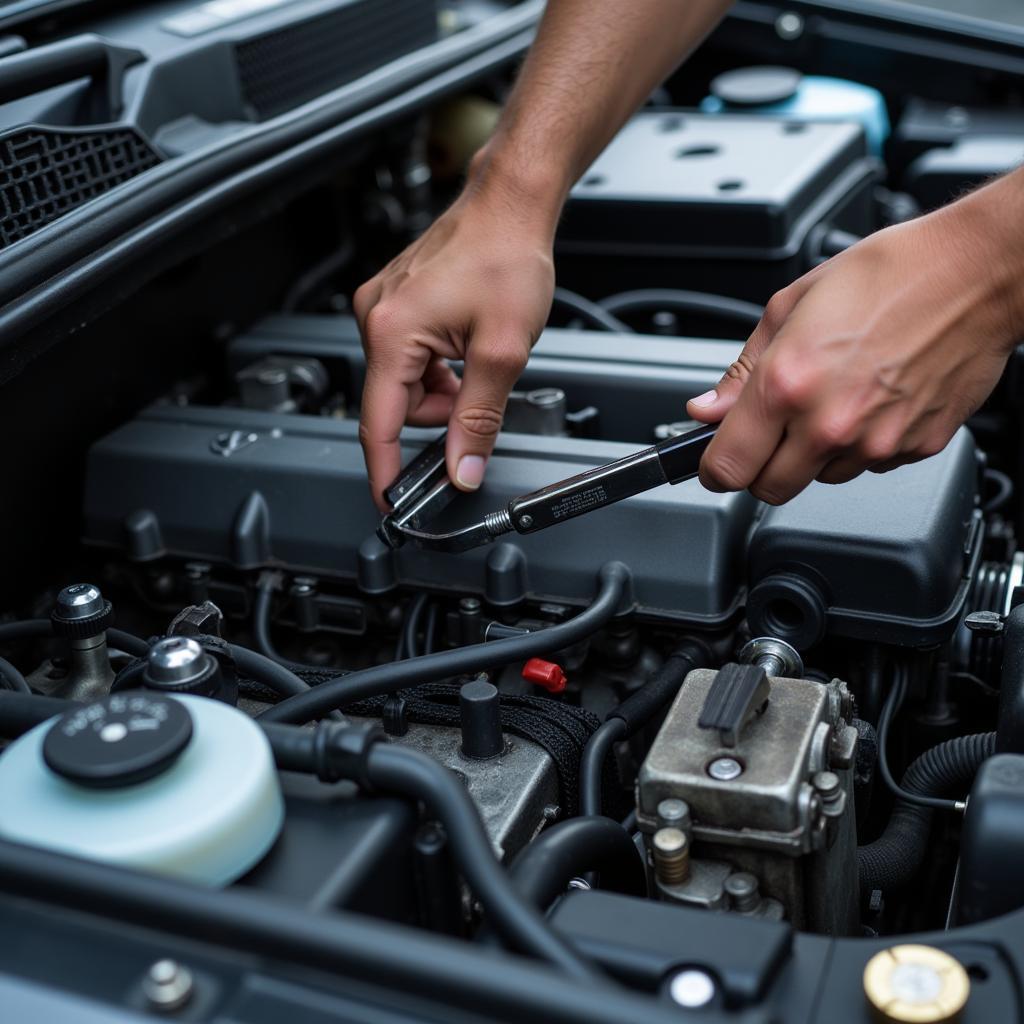 Mechanic inspecting car engine during service