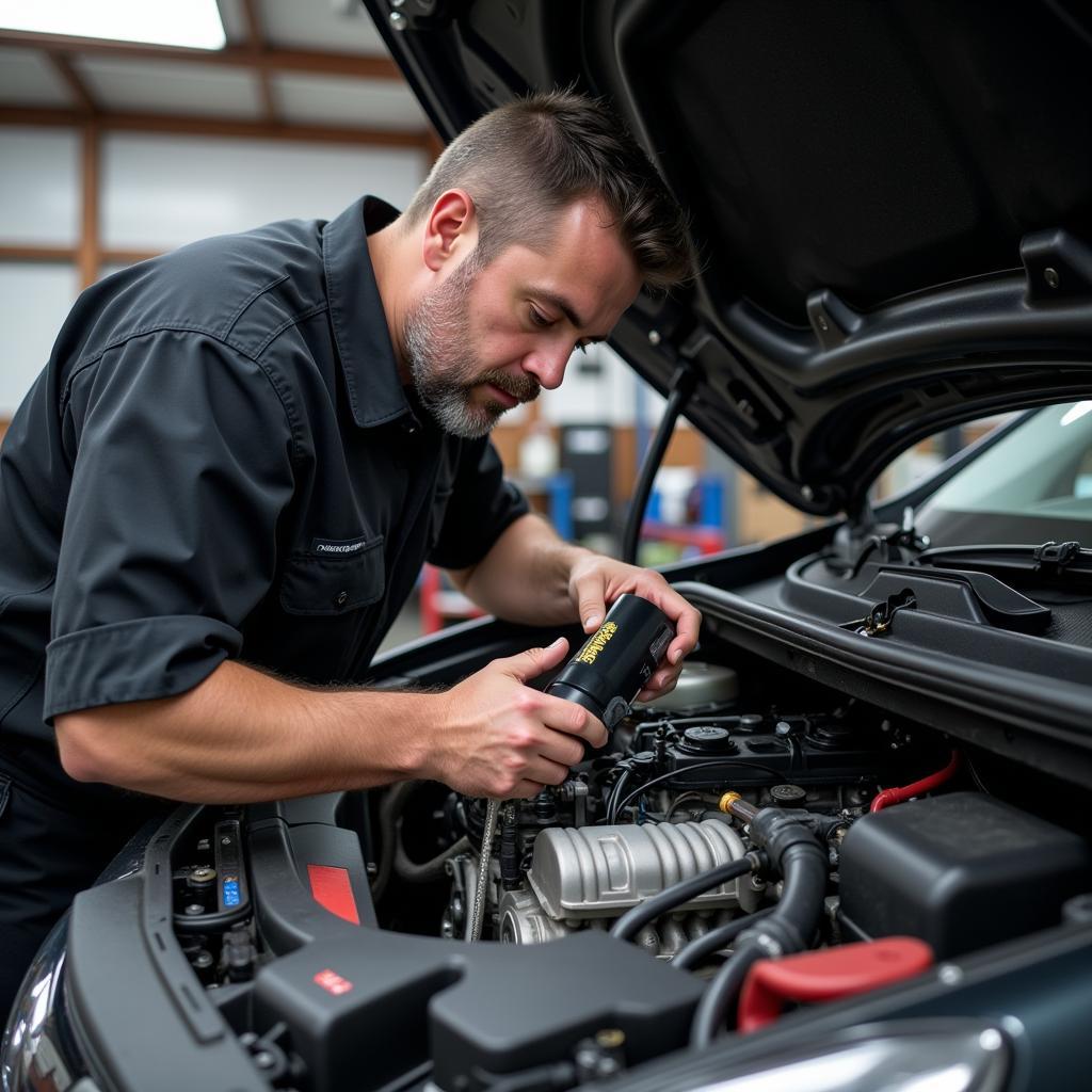 Experienced mechanic meticulously inspecting a car engine.