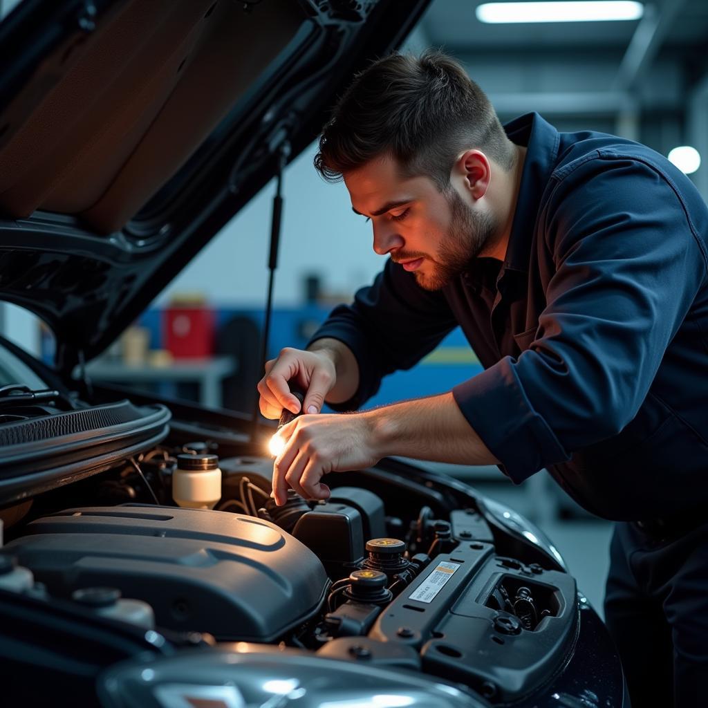 Mechanic inspecting a car engine with a flashlight