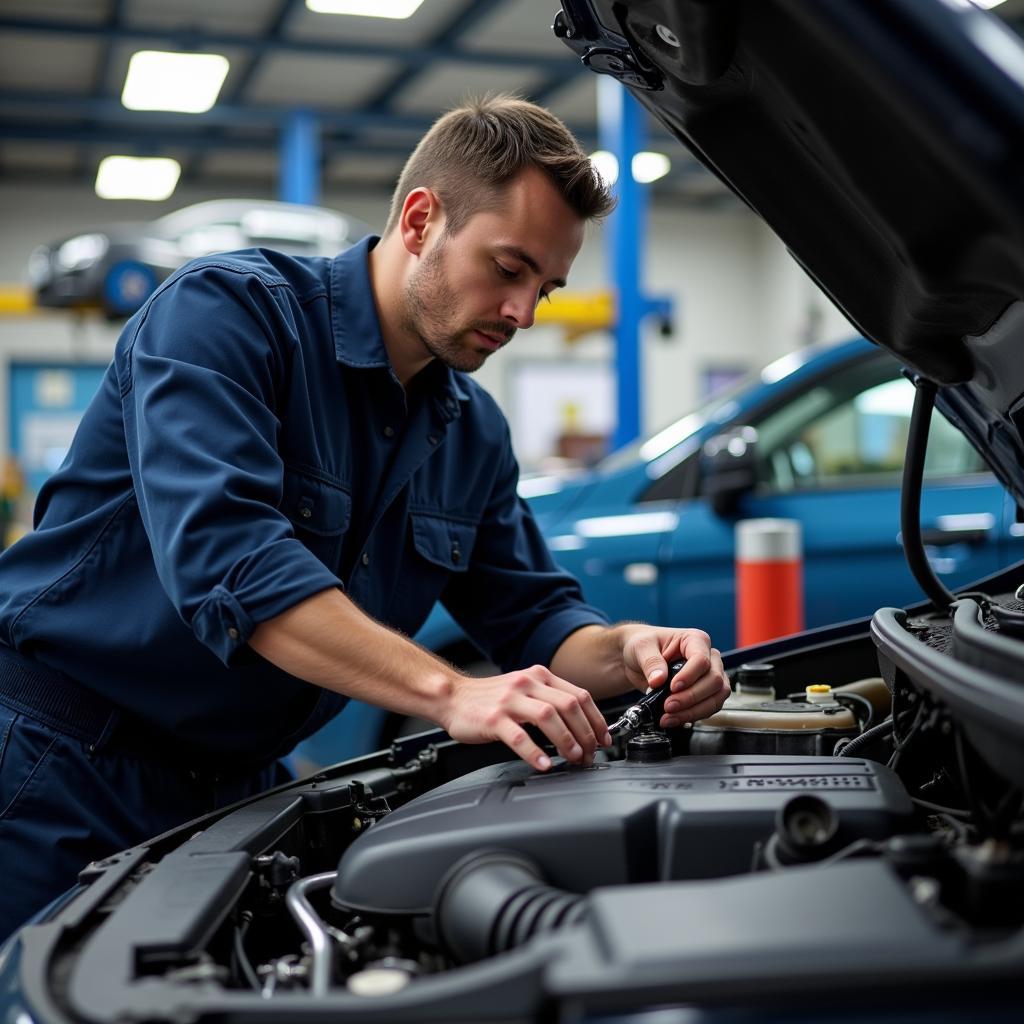 Mechanic inspecting a car engine for warranty-covered repairs