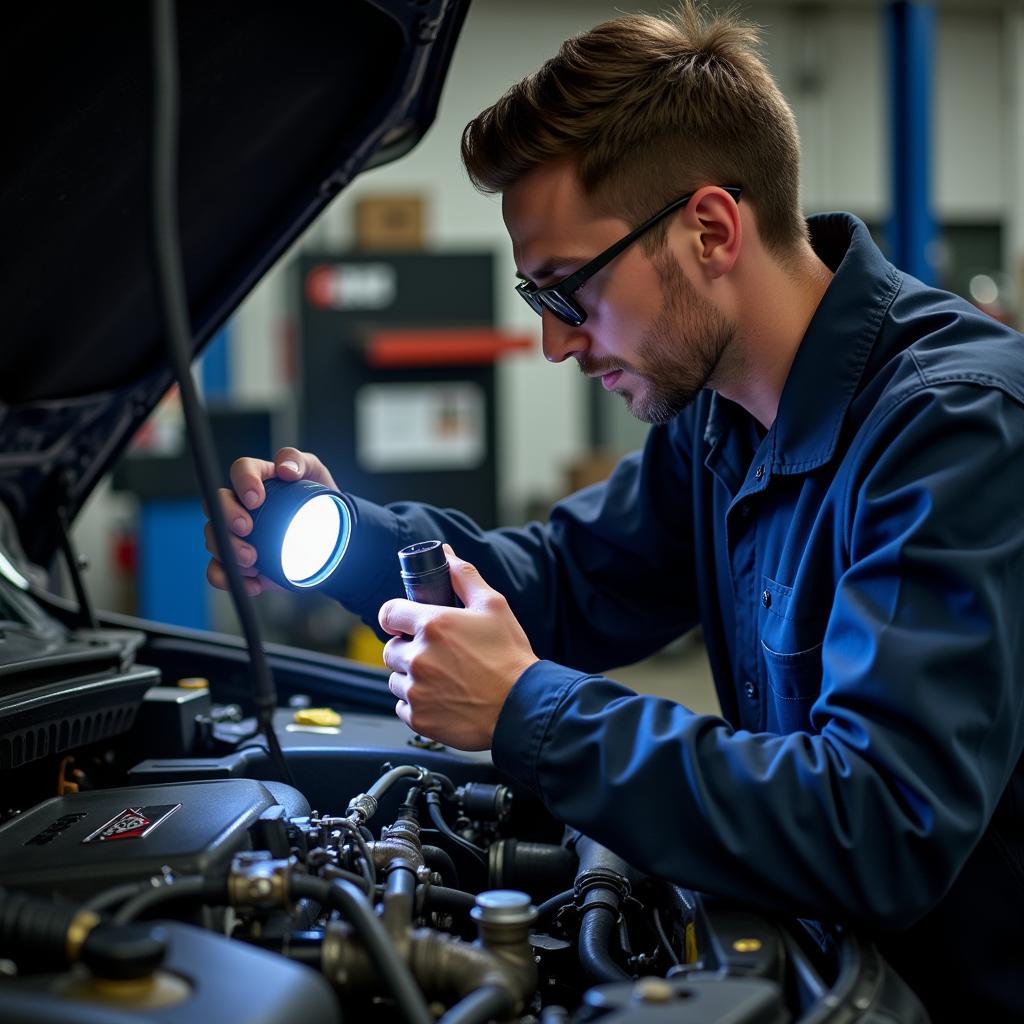 Mechanic inspecting a car engine during a VIA car service