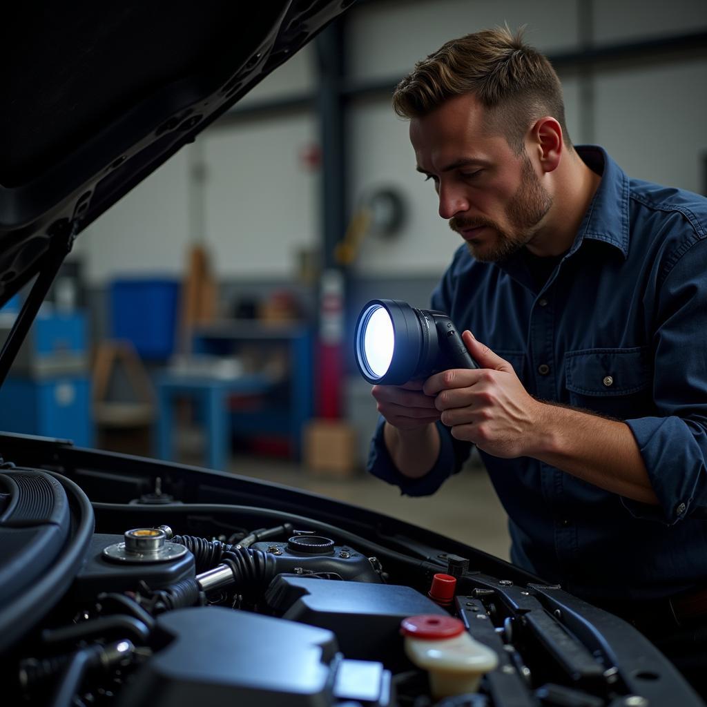 Mechanic conducting a thorough car engine inspection