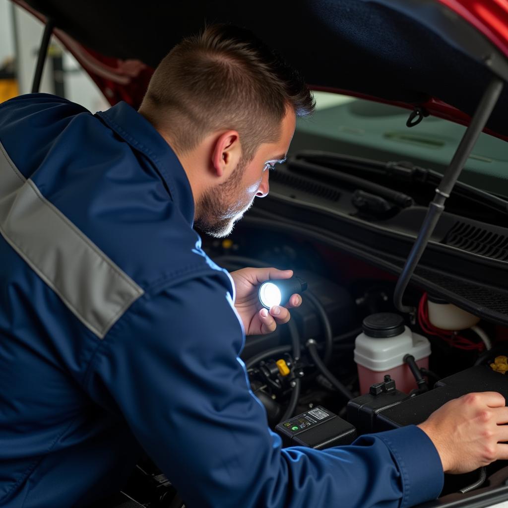 Mechanic performing a thorough engine inspection during car service