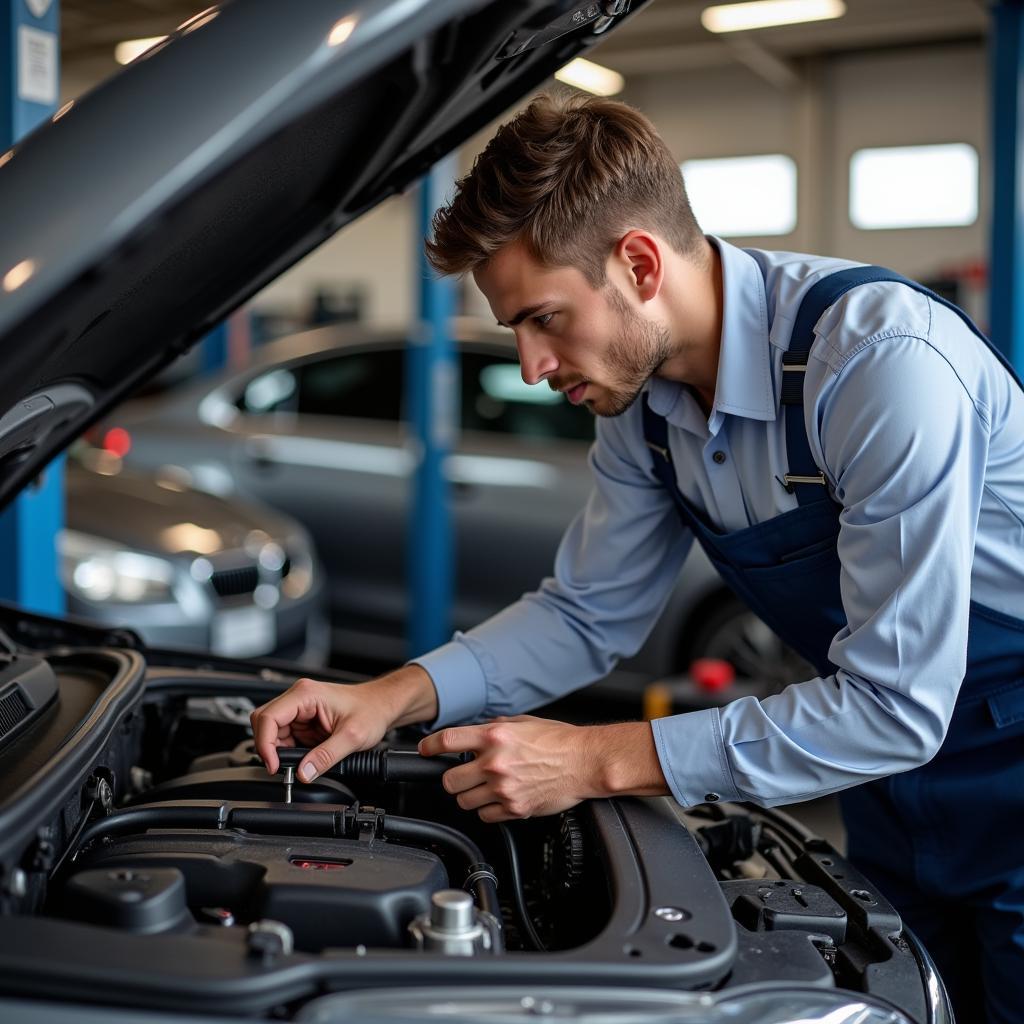 Experienced Mechanic Inspecting a Car Engine