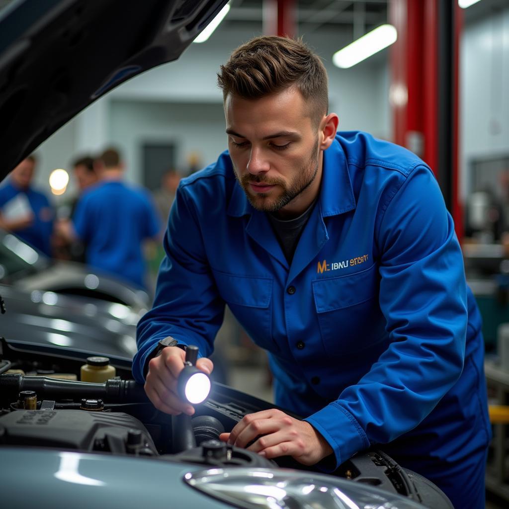 A mechanic inspecting a car engine in a workshop