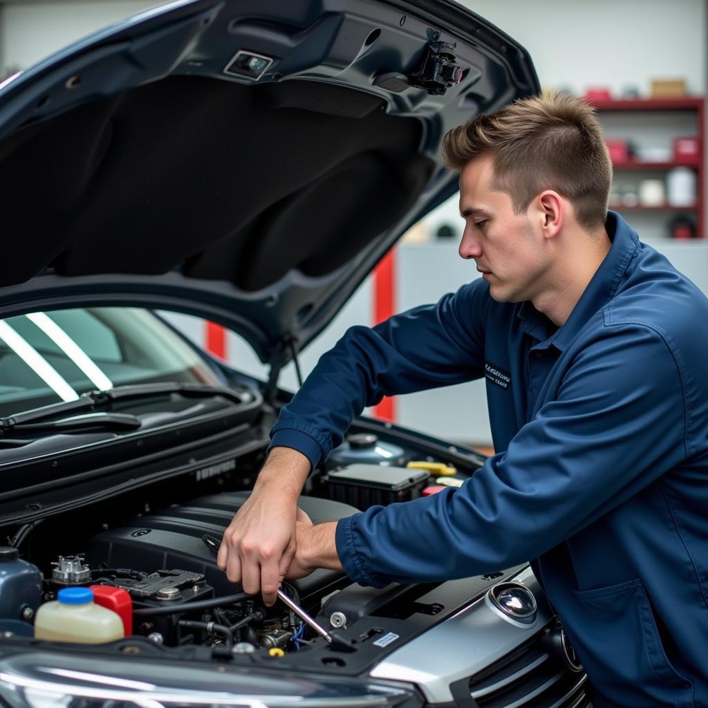 Mechanic inspecting car engine during a service