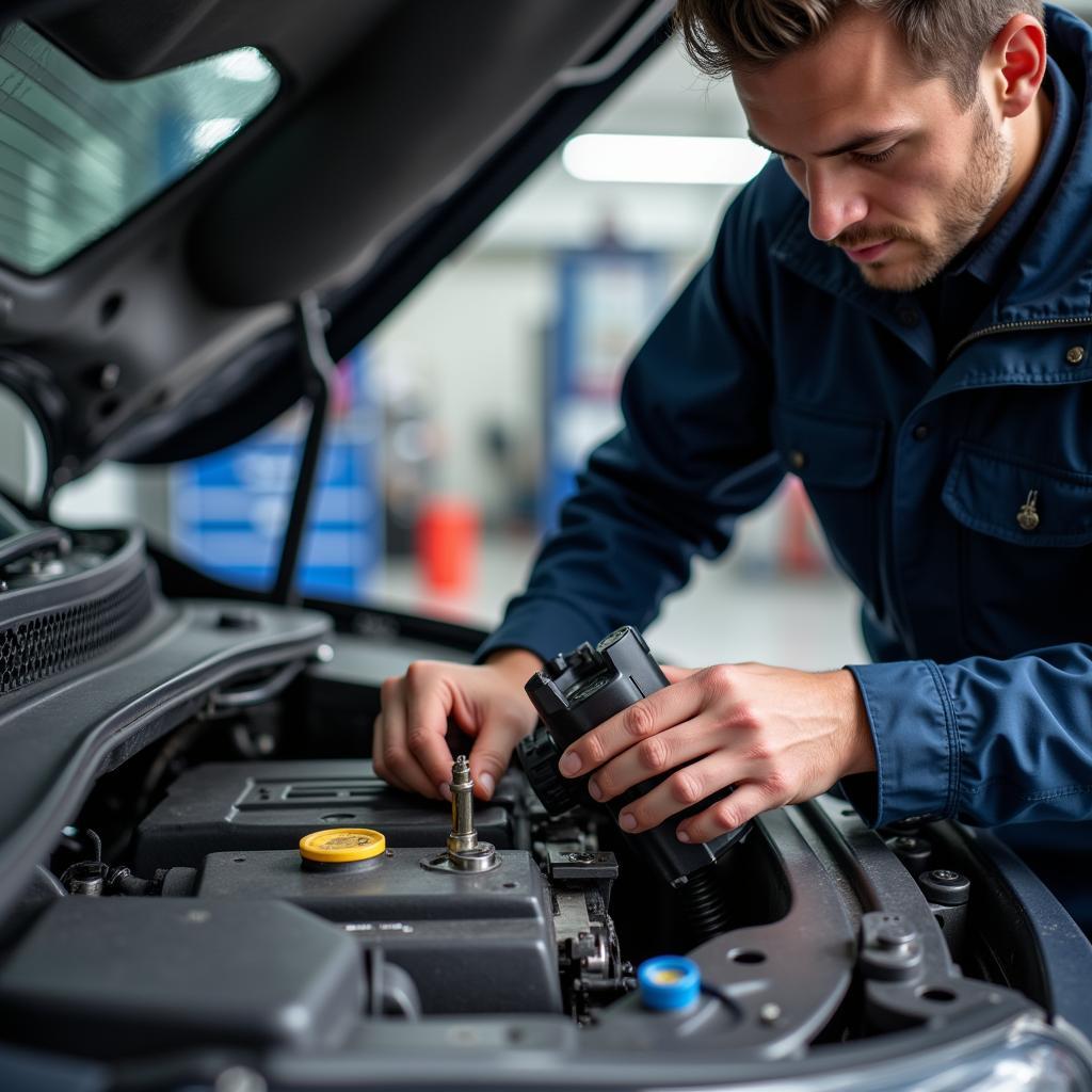 Mechanic performing a thorough inspection of a car engine as part of a scheduled service