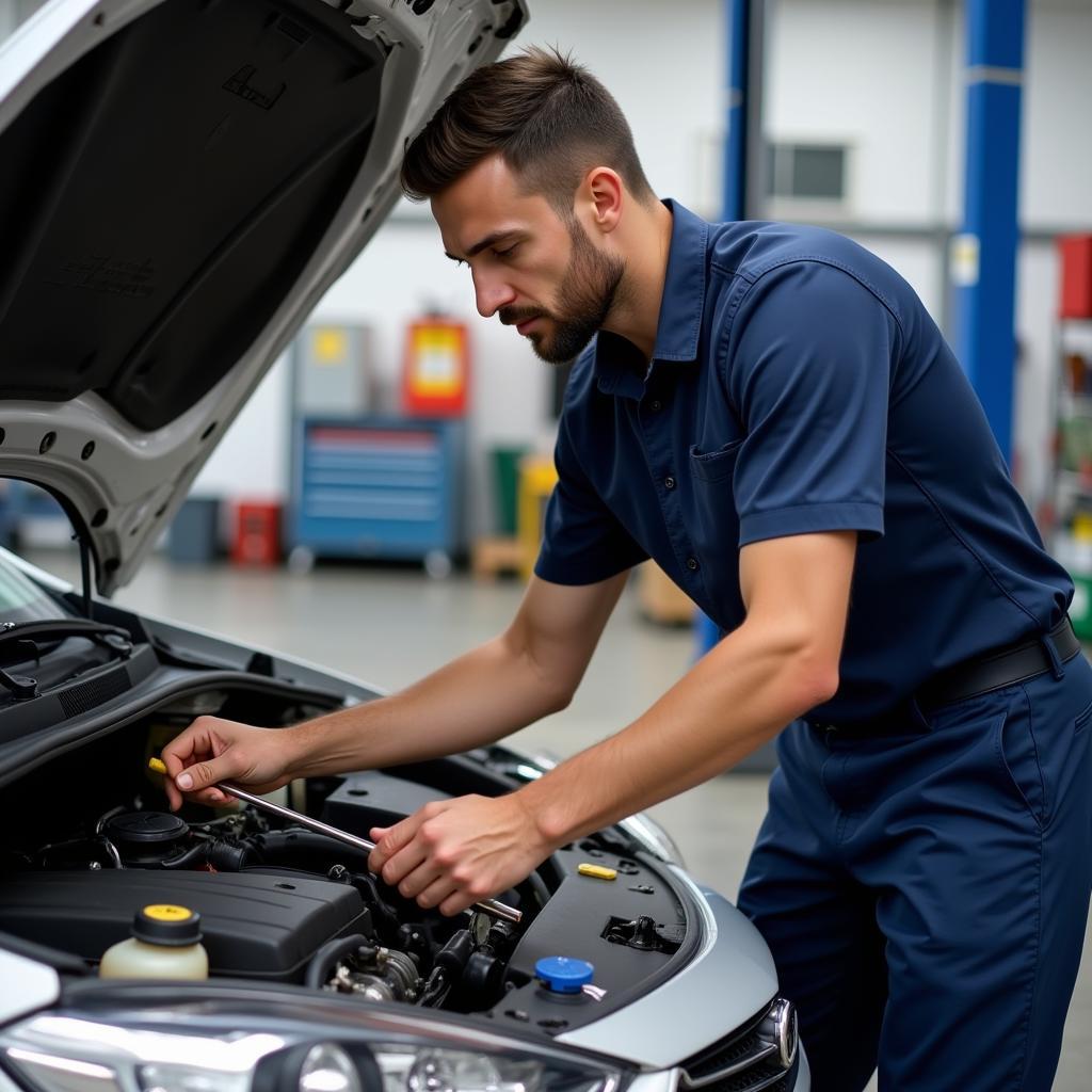 Mechanic inspects car fluids for service history check