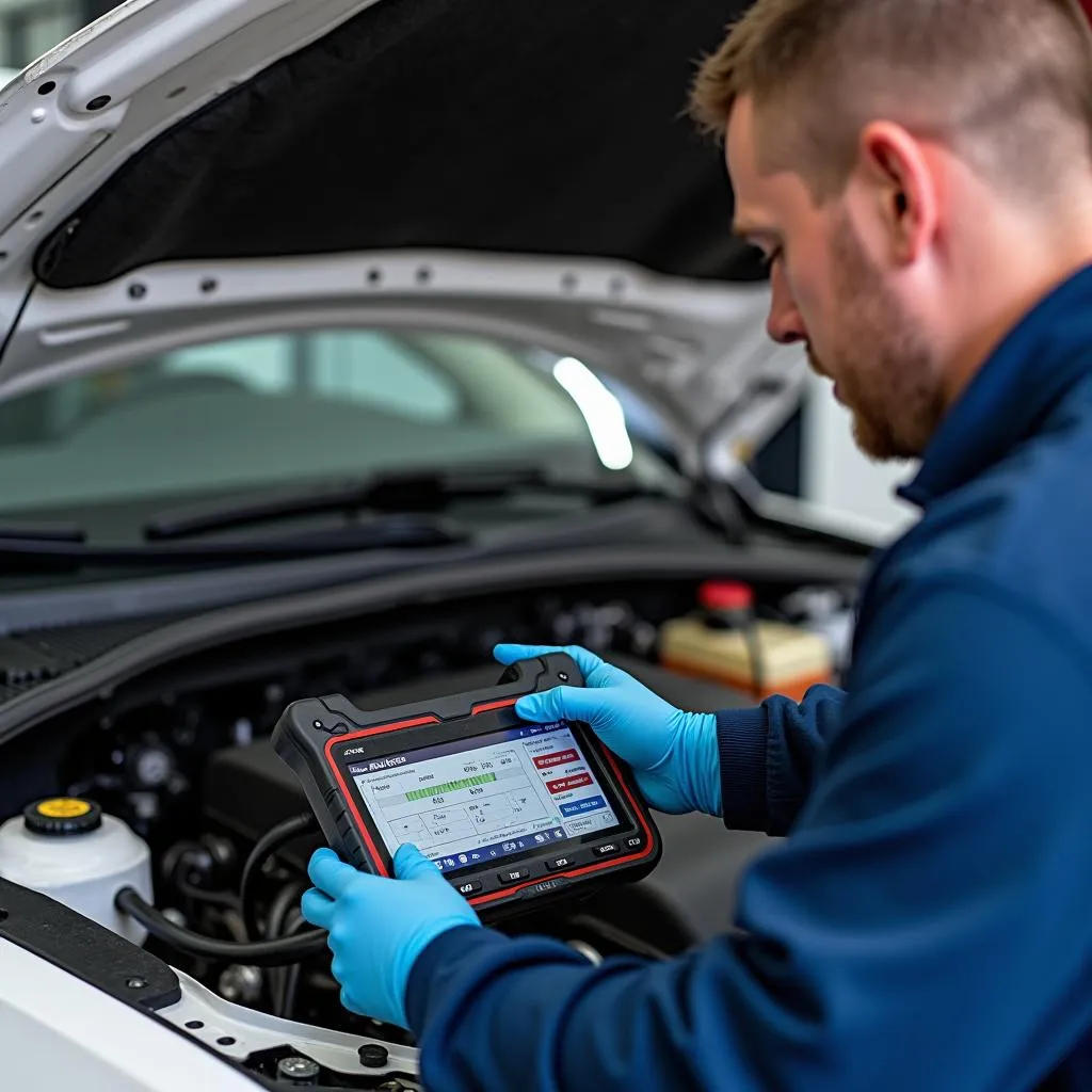 Mechanic inspecting a car's undercarriage for potential traction control system problems