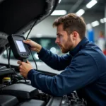 Skilled mechanic inspecting a car in a Budapest garage