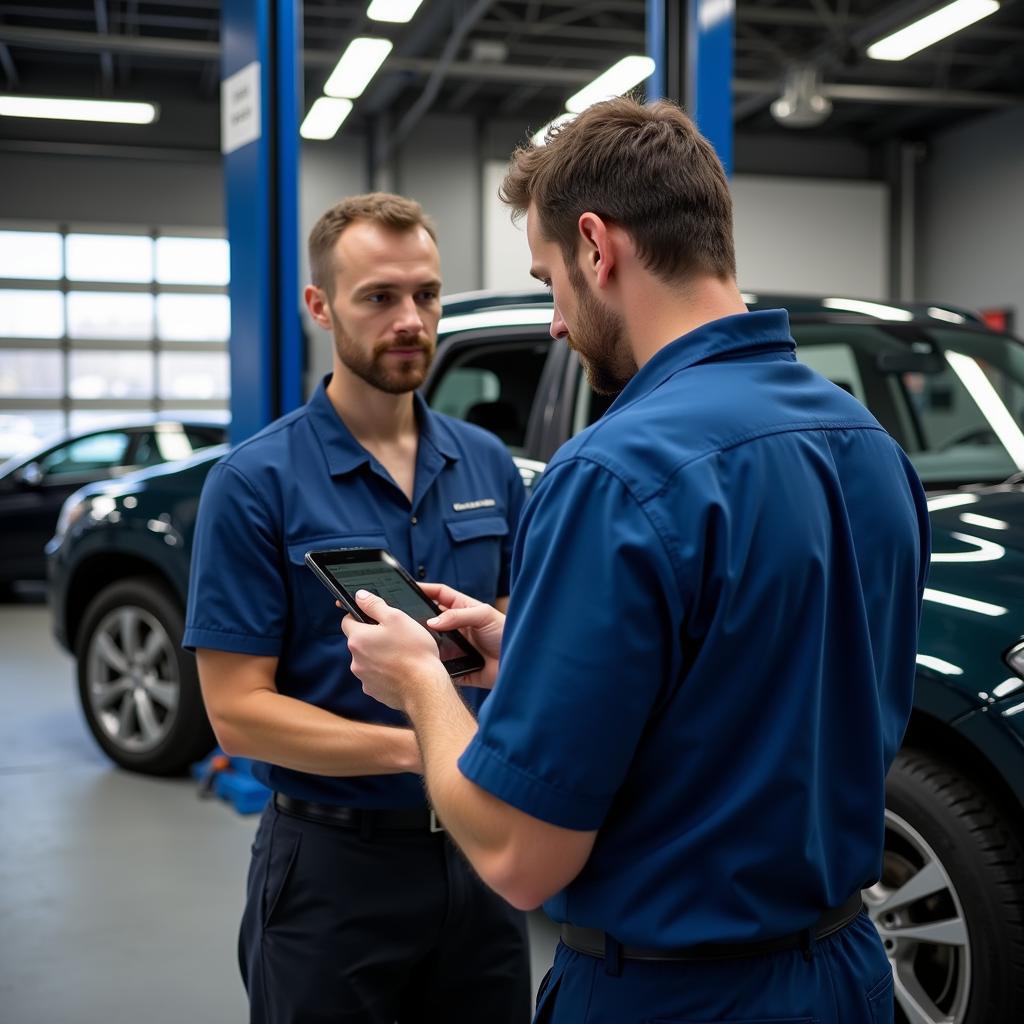 Skilled mechanic using a digital tablet to diagnose a car issue in a well-equipped Huyton garage.