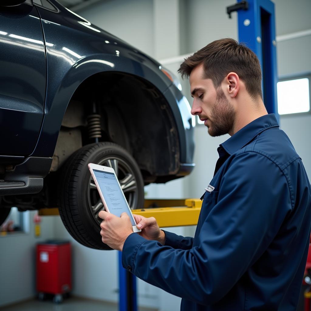 Mechanic Inspecting Car on Lift