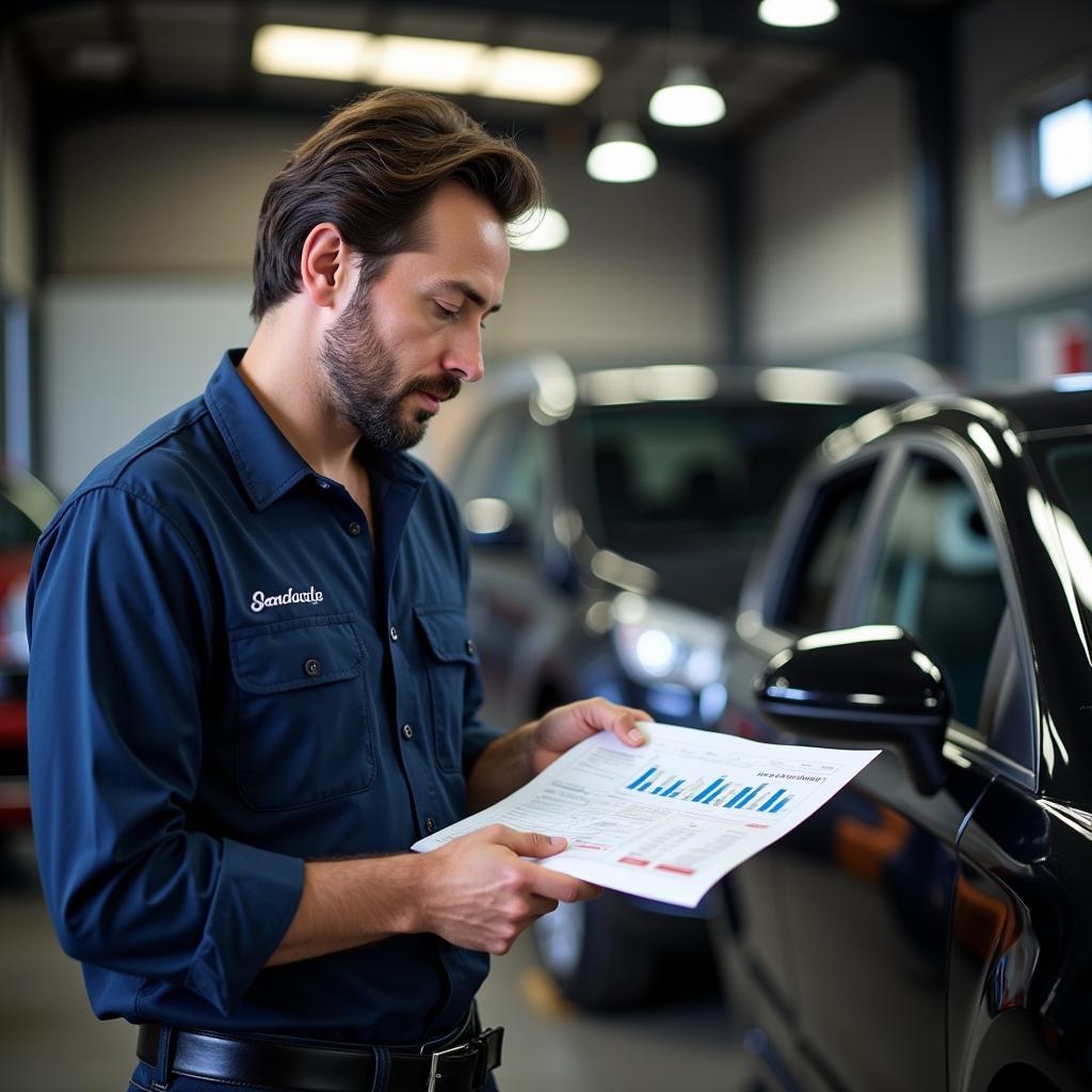 Mechanic inspecting car service history