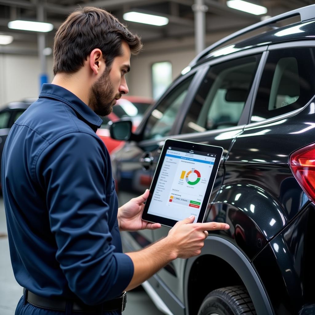 Mechanic Inspecting a Car and Reviewing Service History