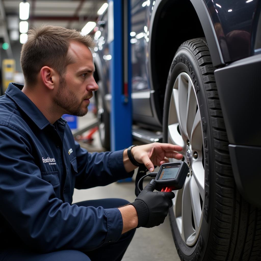 Mechanic Diagnosing Traction Control System with Diagnostic Tool