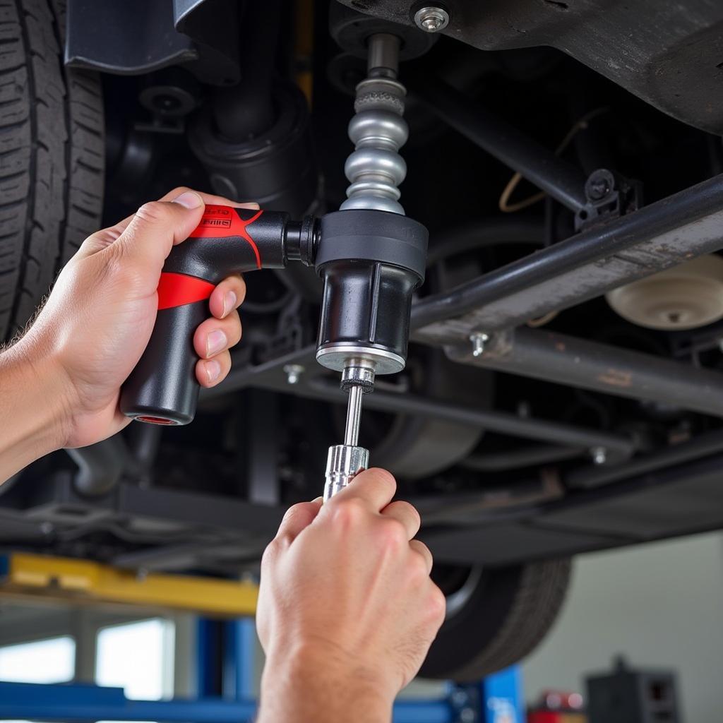 Mechanic inspecting the undercarriage of a car for potential issues with the service stabilization control system