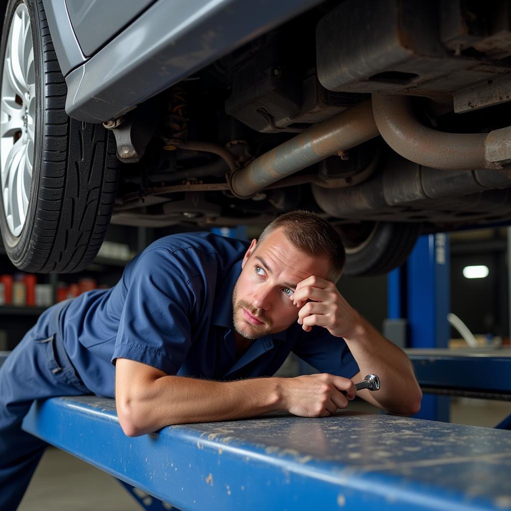 Mechanic inspecting the undercarriage of a car lifted on a hydraulic ramp