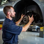 Mechanic Inspecting a Car's Undercarriage for Faulty Components