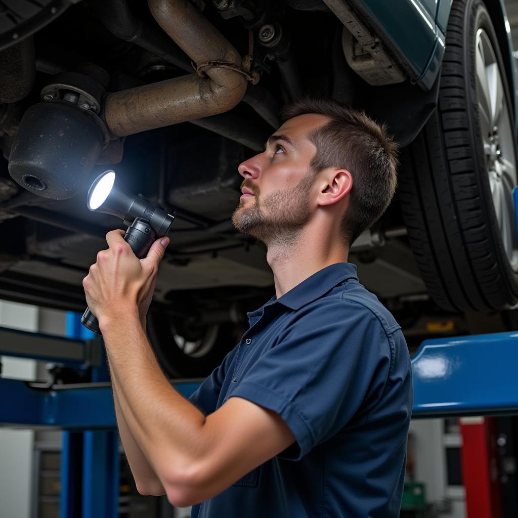  Mechanic inspecting the undercarriage of a car on a lift.