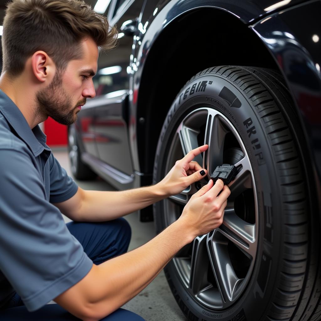 Mechanic inspecting a car's wheel speed sensor