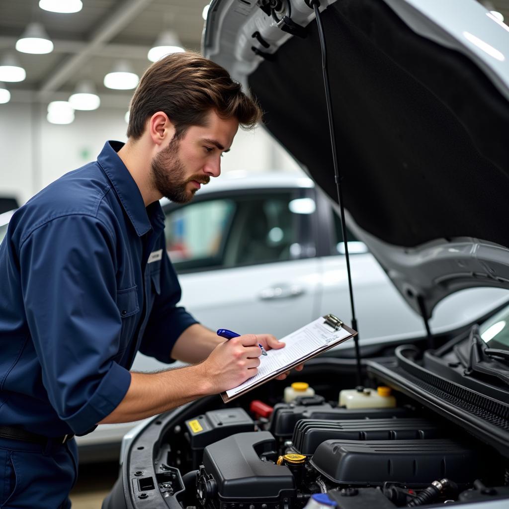 Mechanic Inspecting a Car with Checklist