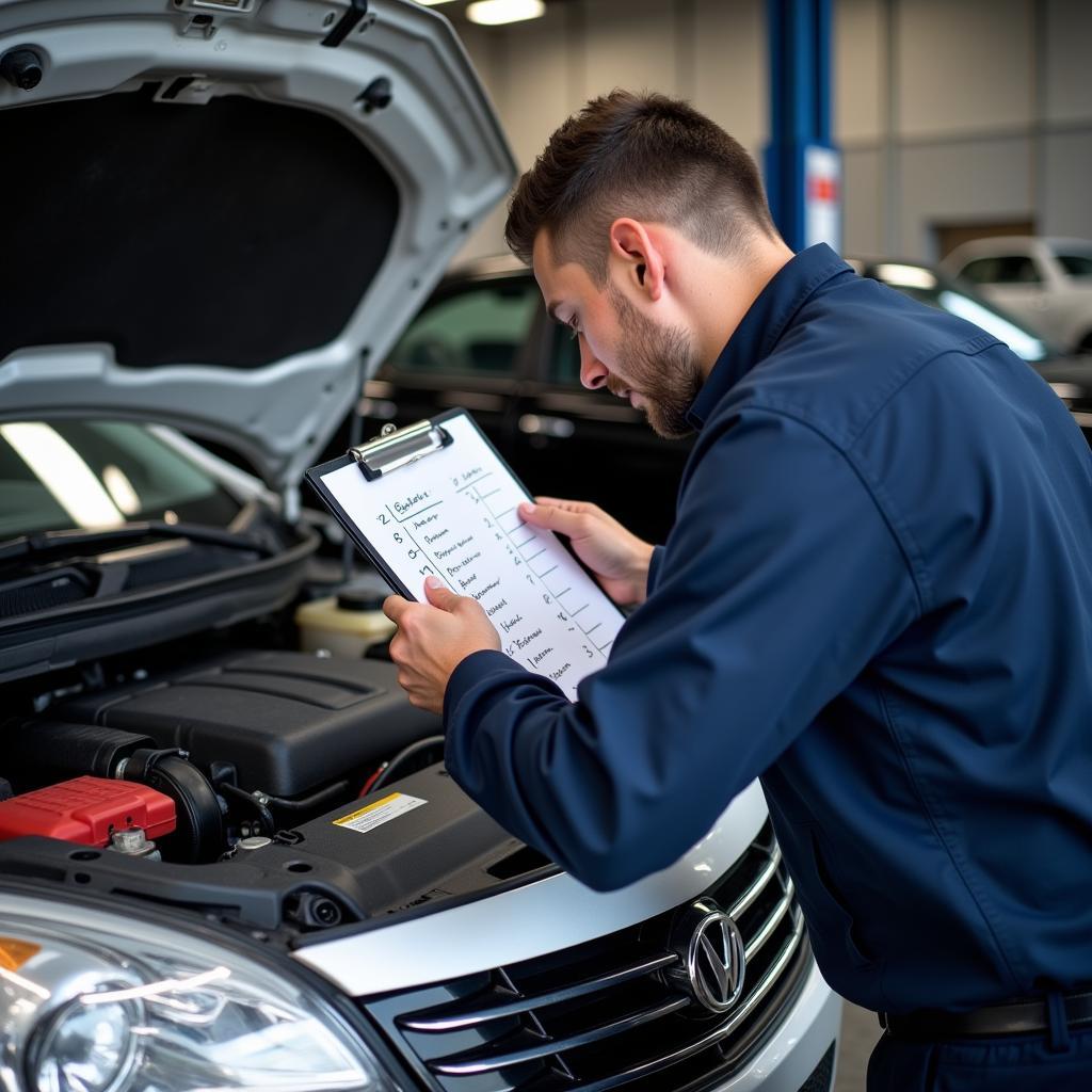 Mechanic checking car with a checklist