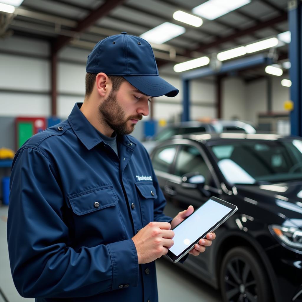 Mechanic inspecting car with digital tablet