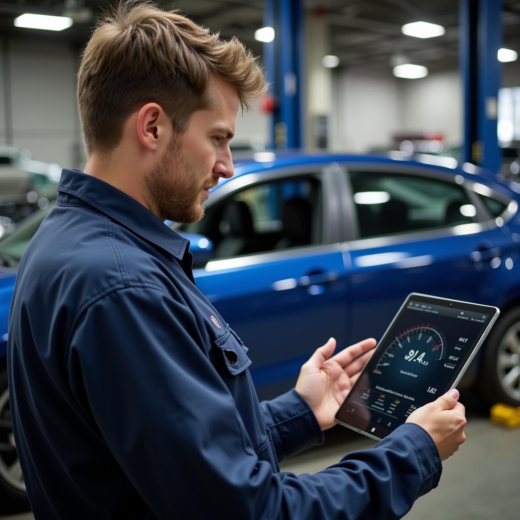 Mechanic using digital tablet to check car history during inspection