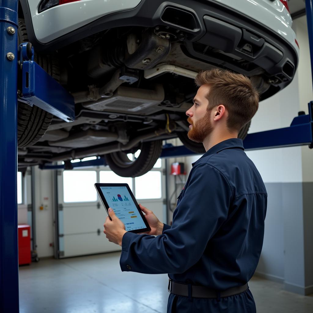 Mechanic inspecting car and reviewing service history on a tablet