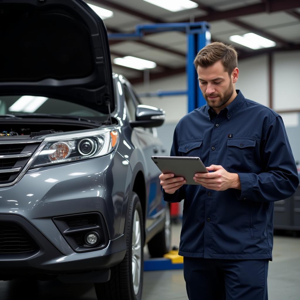 Mechanic Using Tablet to Check Car Service History