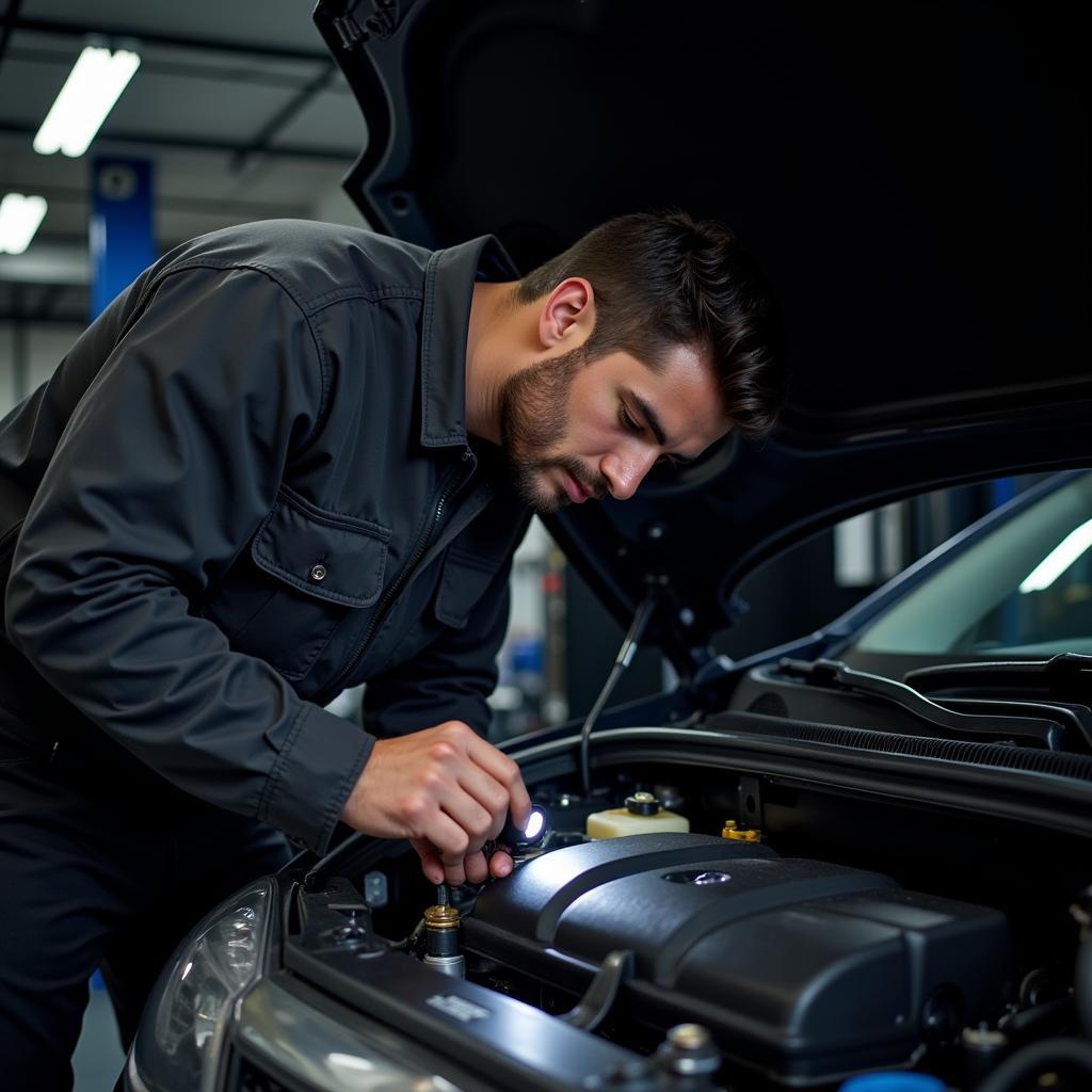 Car Mechanic Inspecting a Clean Engine Bay