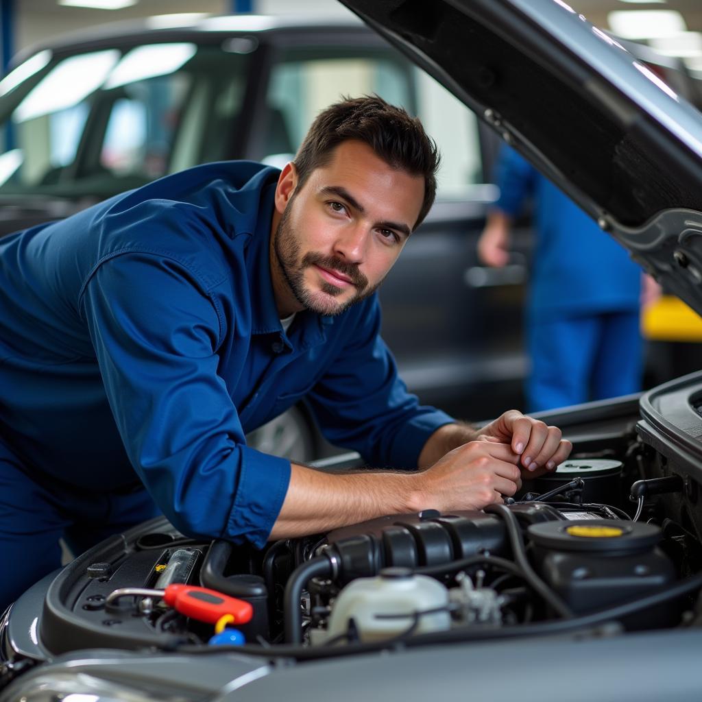 Mechanic Inspecting Car Engine 