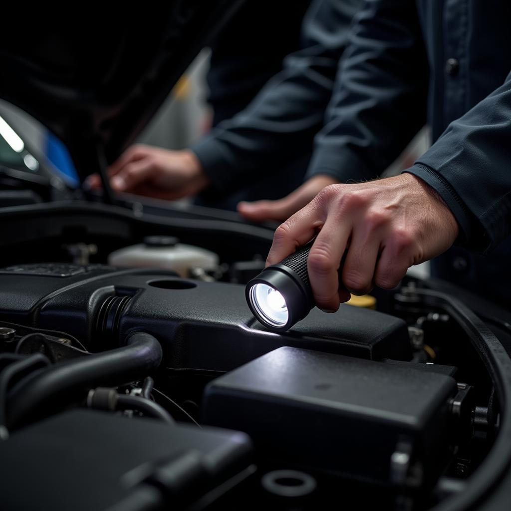 Mechanic inspecting car engine with a flashlight