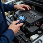 Mechanic Inspecting a Mitsubishi Engine