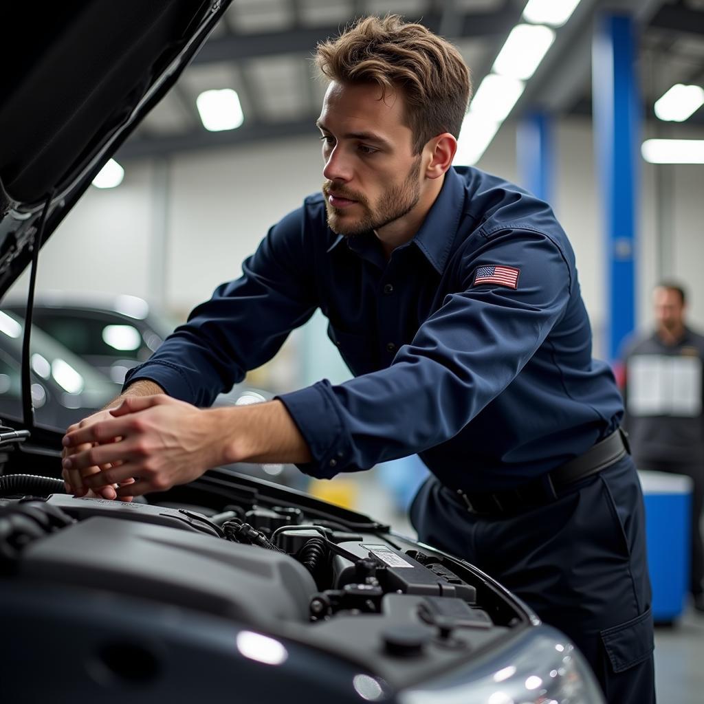 Mechanic inspecting a car engine in a garage