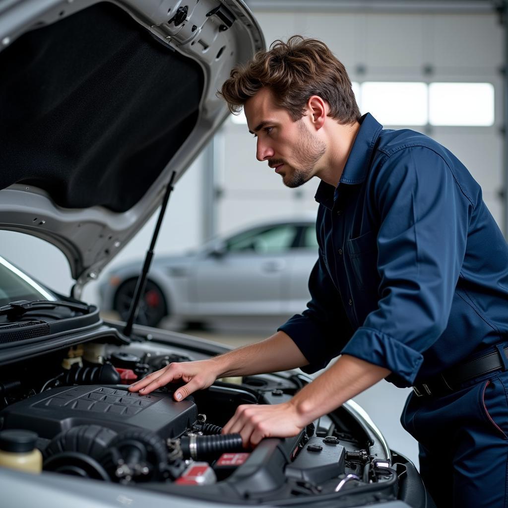 Mechanic inspecting a car engine during service