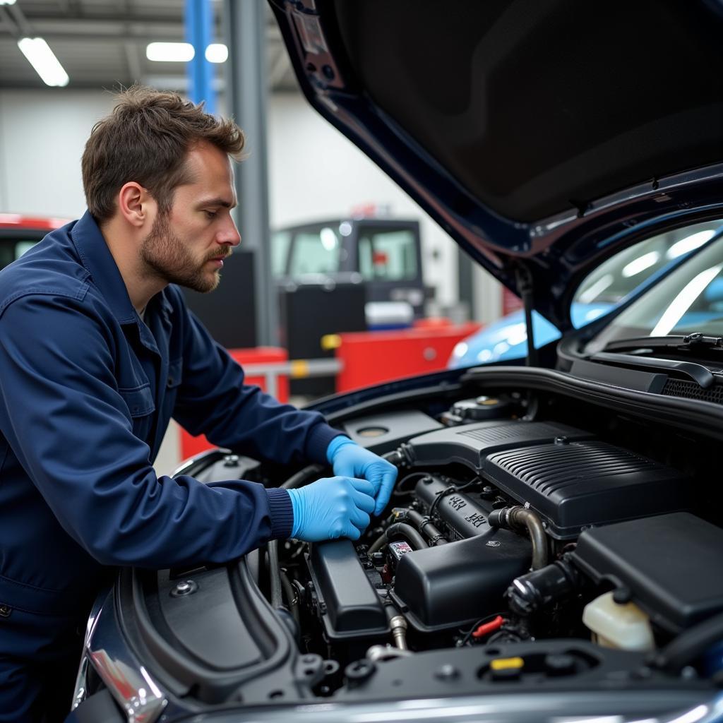 Mechanic inspecting car engine during a major service