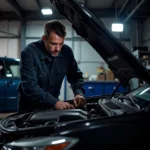 Car mechanic inspecting a car engine during a service