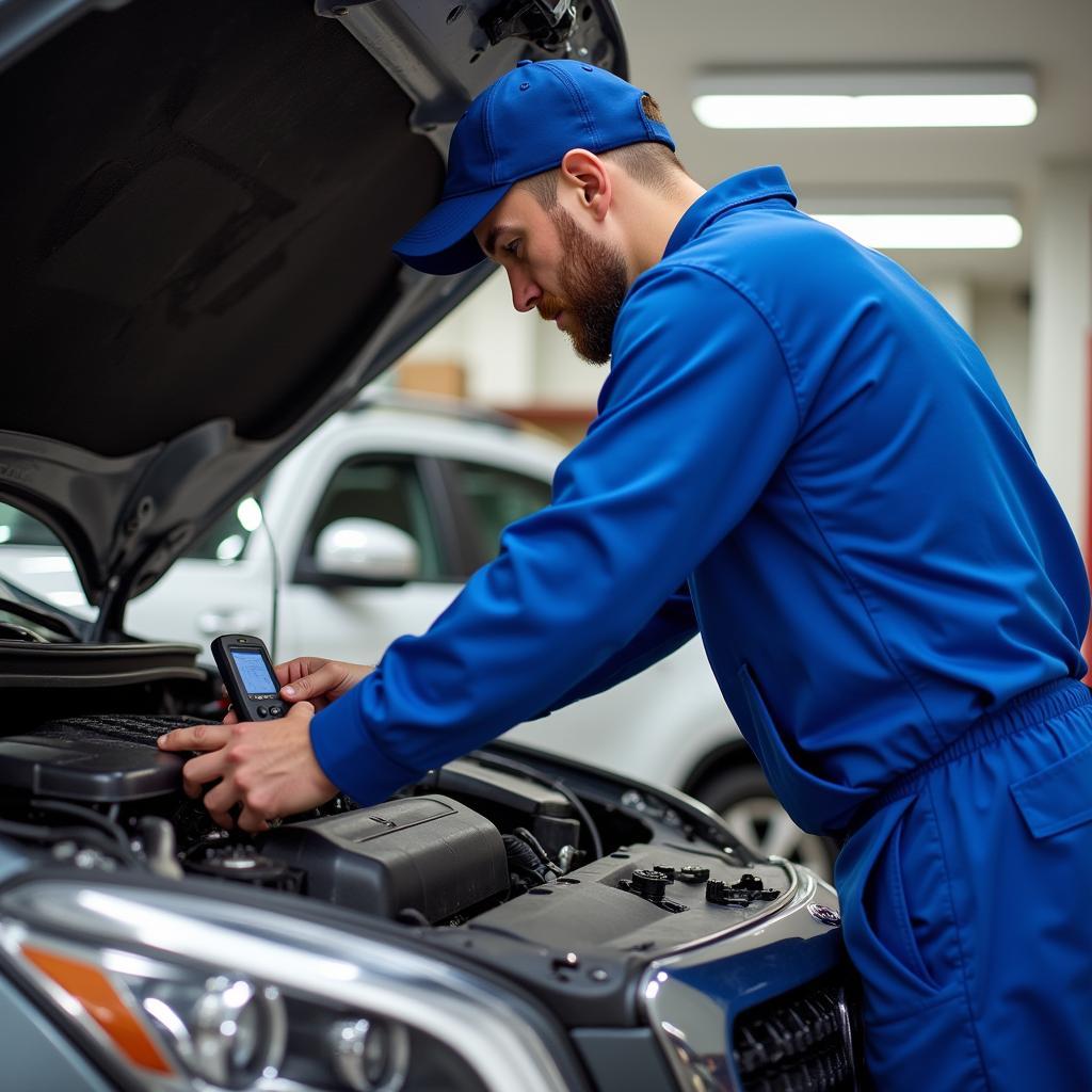 Mechanic inspecting engine with diagnostic tool