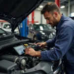 Mechanic inspecting engine in Royton