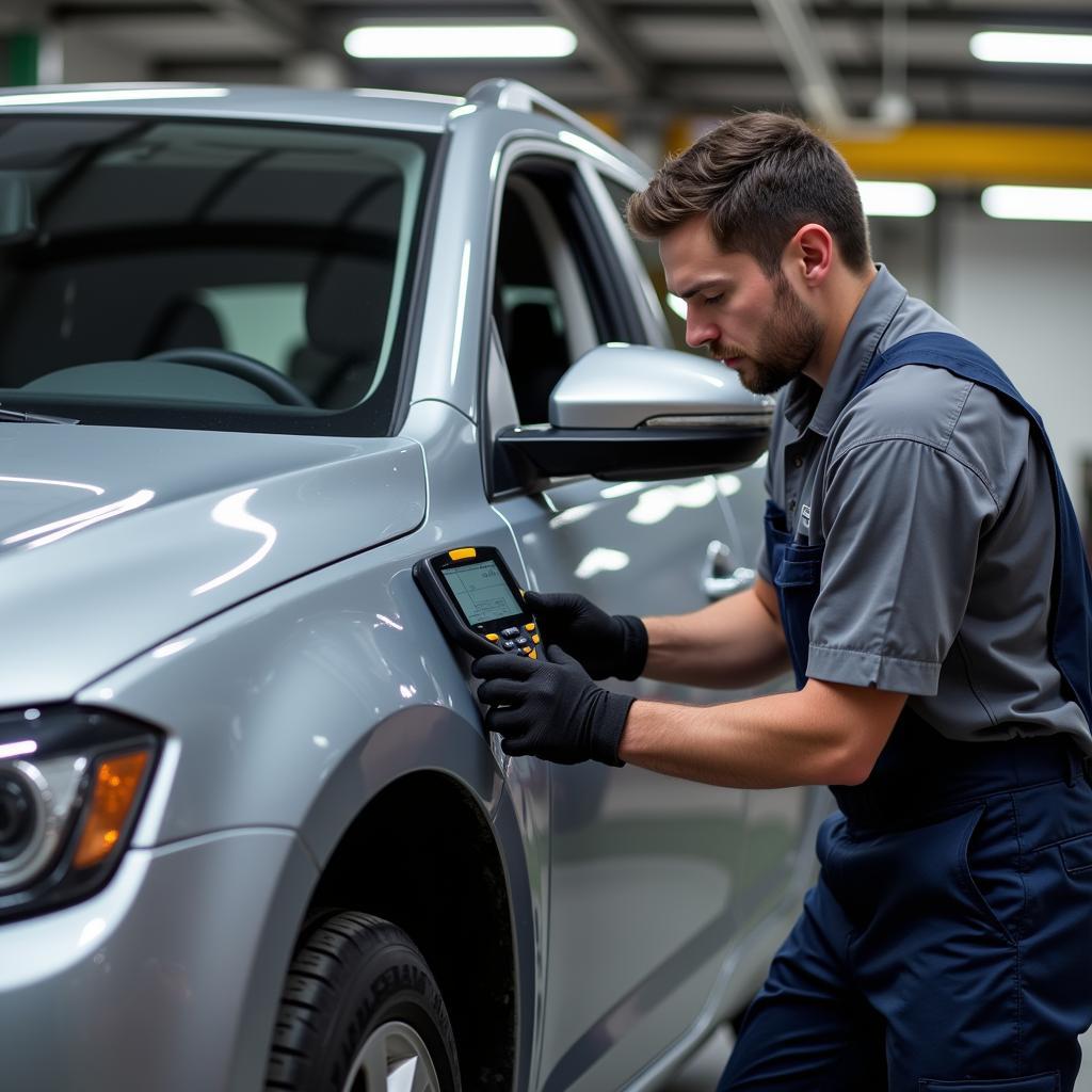 Skilled Mechanic Inspecting a Grey Car